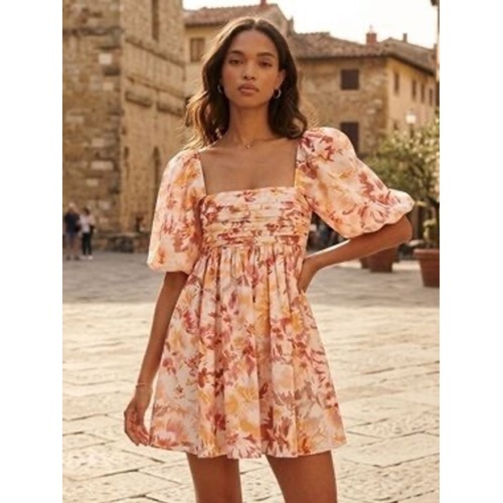 Abercrombie & Fitch Emerson Puff Sleeve Floral Mini Dress Orange Pink Small tall